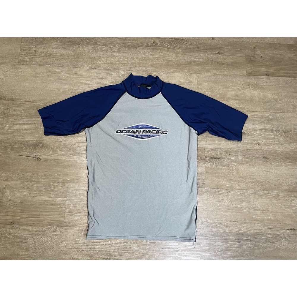 Vintage Ocean Pacific Rash Guard Mens Sz L Blue Gray OP Surf Beach Swim
